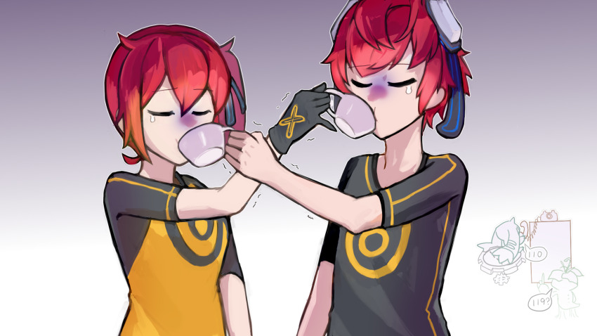 aiba_ami aiba_takumi blue_eyes coffee digimon digimon_story:_cyber_sleuth goggles goggles_on_head hagurumon highres long_hair palmon red_hair short_hair sidetail terriermon
