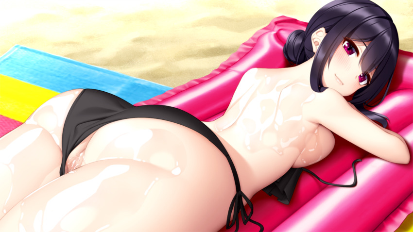 1girl armpits ass beach bikini bikini_bottom_aside blush breast_press breasts censored closed_mouth clothing_aside embarrassed eyebrows_hidden_by_hair female_focus fujino_sakura game_cg go-1 hair_between_eyes hair_bun highres homemaid_sweet_pea large_breasts legs looking_back lotion lying mosaic_censoring on_stomach original outdoors purple_hair pussy red_eyes sand smile solo string_bikini swimsuit thighs topless_female