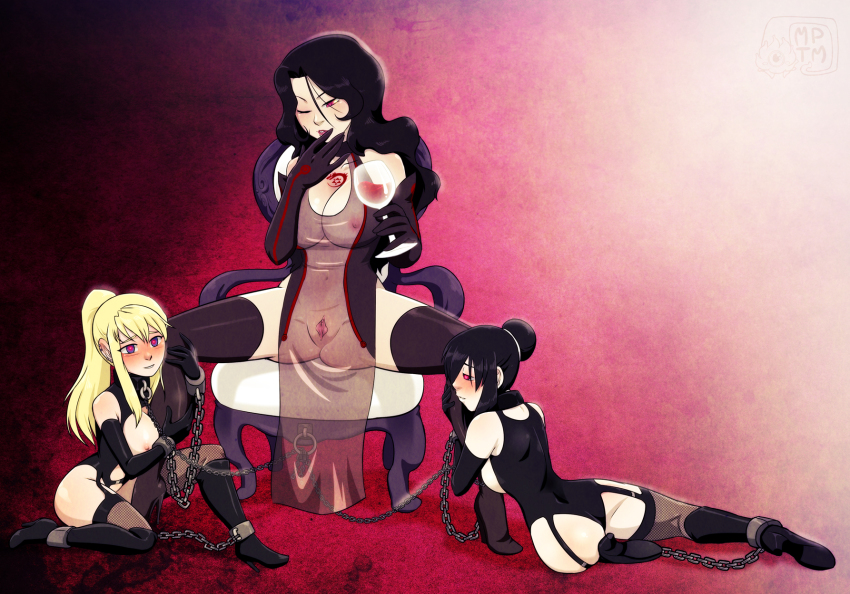 3girls alcohol ass bdsm black_hair black_legwear blonde_hair blush bondage bondage_outfit boots bound breasts chain collar commission covered_erect_nipples cuffs cup dominatrix drinking_glass elbow_gloves femdom fullmetal_alchemist garter_straps gloves glowing glowing_eyes hair_bun heart heart-shaped_pupils high_heel_boots high_heels highres hypnosis knee_boots lan_fan large_breasts leash lipstick long_hair lust_(fma) makeup mind_control multiple_girls my_pet_tentacle_monster nipples pelvic_curtain ponytail pussy see-through_clothes shackles single_hair_bun sitting slave spread_legs stool symbol-shaped_pupils tattoo thighhighs uncensored wine_glass winry_rockbell yuri