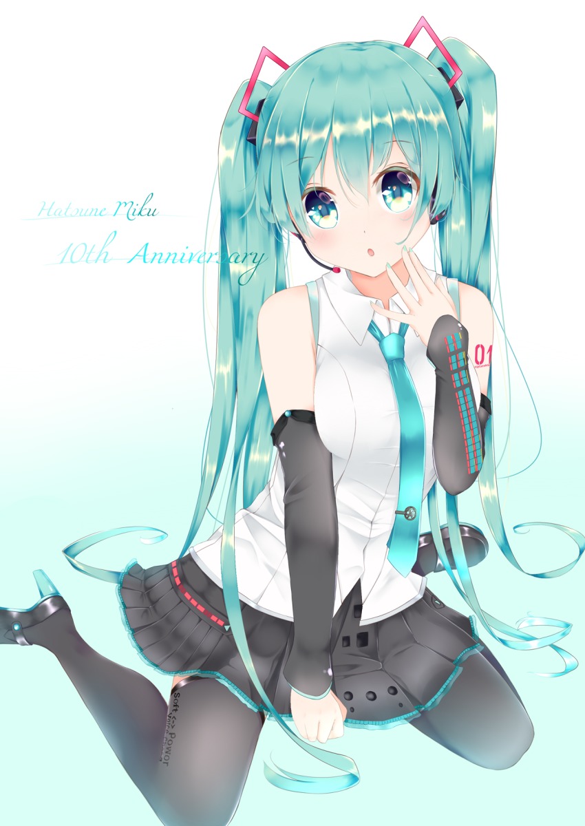 anniversary blush dres green_eyes green_hair hatsune_miku highres long_hair necktie skirt twintails vocaloid