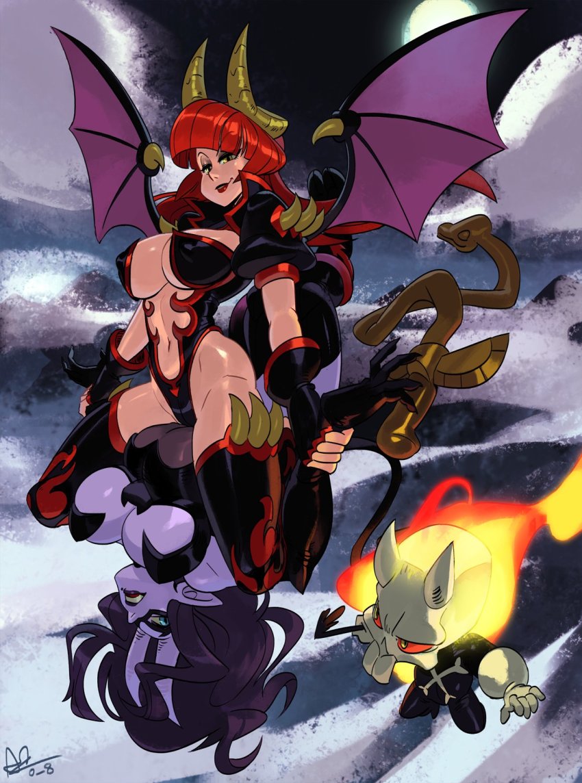 2girls alex_ahad blue_background blue_eyes boots borrowed_character bound breasts candela_(reiq) cleavage colored_sclera colored_skin d._violet_(skullgirls) demon_girl demon_horns demon_tail demon_wings fingerless_gloves fire gift_art gloves highres horns large_breasts long_hair monster moon multiple_girls navel purple_hair purple_lips purple_skin raised_eyebrows red_hair red_lips red_sclera reiq revealing_clothes shrug_(clothing) skull skullgirls tail thigh_boots thighhighs underboob whip wings yellow_eyes