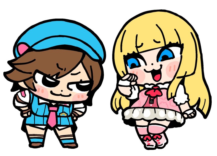2girls :3 bent_over bkub bkub_(style) black_eyes blonde_hair blue_eyes blue_hat blunt_bangs breasts brown_hair chibi dress emilie_de_rochefort fingerless_gloves gloves hat kazama_asuka medium_breasts multiple_girls ojou-sama_pose open_mouth pink_dress pleated_skirt skirt smile tekken tekken_8 white_gloves