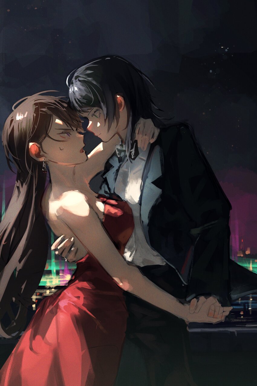 2girls absurdres angry bang_dream! bang_dream!_it&#039;s_mygo!!!!! bare_arms bare_shoulders black_bow black_bowtie black_hair black_jacket bonsachoi bow bowtie breasts brown_hair closed_mouth commentary dancing dress earrings expressionless eye_contact green_eyes hashtag-only_commentary highres holding_hands jacket jewelry long_hair looking_at_another medium_breasts multiple_girls neck night night_sky open_mouth outdoors purple_eyes red_dress serious shiina_taki shirt short_hair sky strapless strapless_dress sweatdrop white_shirt yahata_umiri yuri