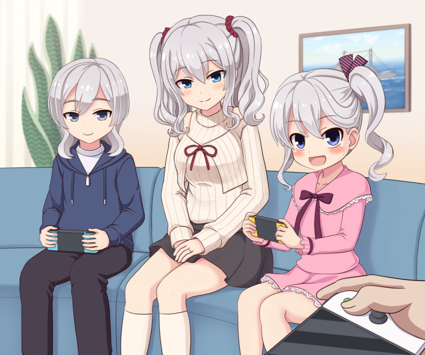 1boy 1other 2girls black_skirt blue_eyes dress grey_hair handheld_game_console holding holding_handheld_game_console if_they_mated indoors kantai_collection kashima_(kancolle) long_hair looking_at_viewer medium_hair multiple_girls nintendo_switch ootori_(kyoya-ohtori) pink_dress side_ponytail sitting skirt socks sweater twintails white_socks white_sweater