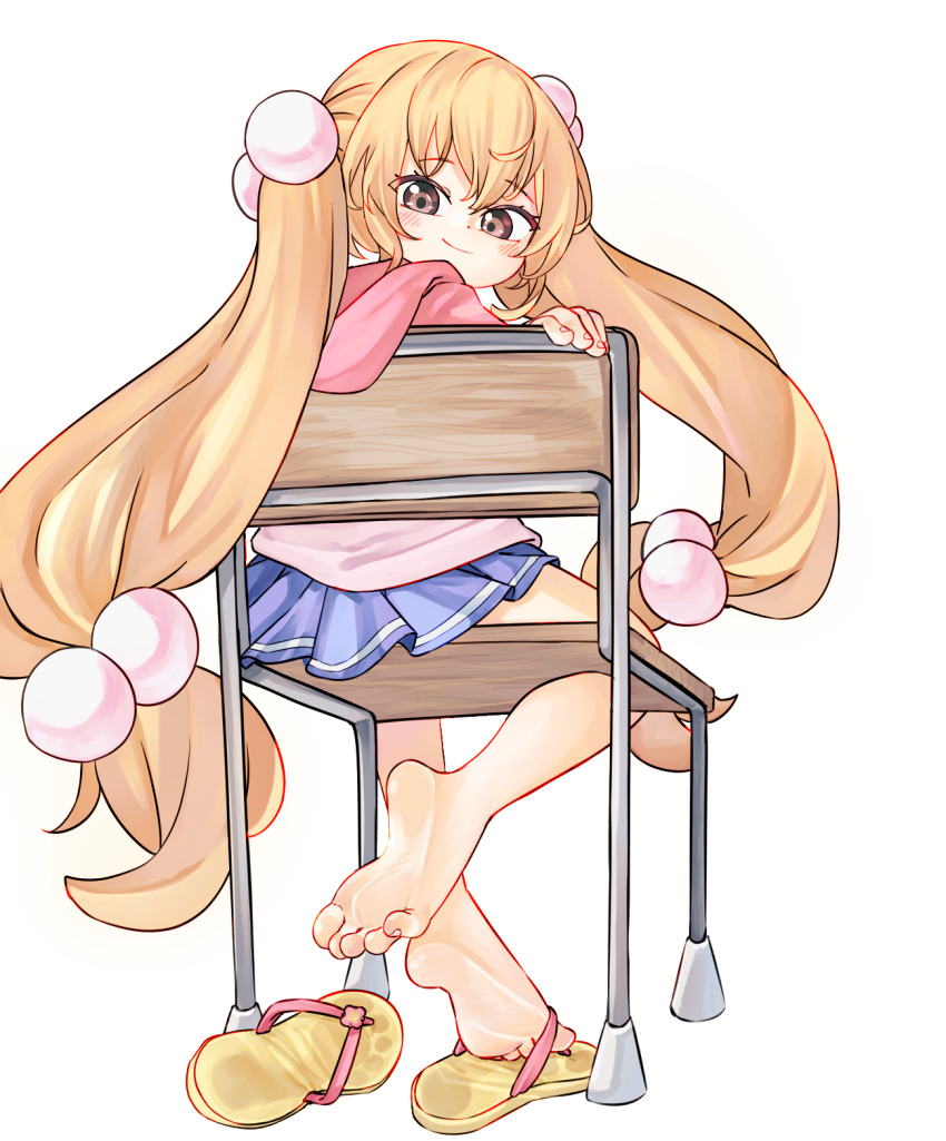 1girl barefoot blue_skirt brown_eyes brown_hair chaosexceed closed_mouth commentary commission english_commentary flip-flops full_body highres kodomo_no_jikan kokonoe_rin long_hair looking_at_viewer miniskirt pleated_skirt sandals simple_background sitting skirt smile soles solo toes twintails very_long_hair white_background