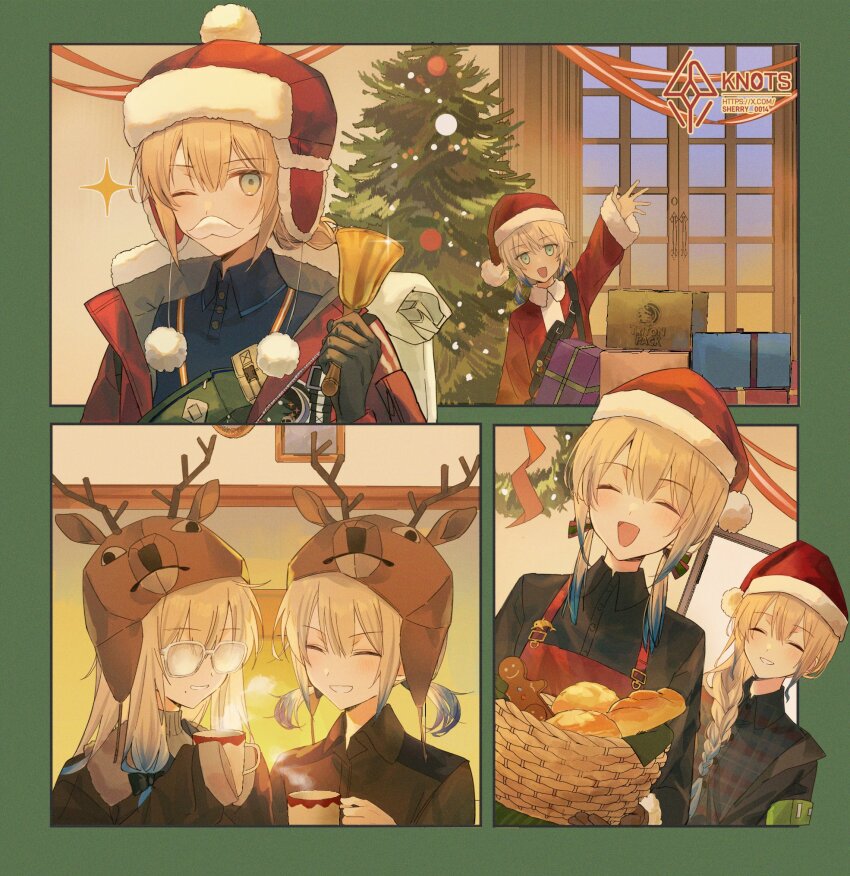 animal_costume antlers baker_nemo_(fate) baker_nemo_(santa)_(fate) basket bell black_shirt blonde_hair blue_eyes box braid bread captain_nemo_(fate) captain_nemo_(santa)_(fate) christmas christmas_lights christmas_ornaments christmas_tree closed_eyes collared_shirt cup down_jacket dress engineer_nemo_(fate) engineer_nemo_(santa)_(fate) fake_antlers fate/grand_order fate_(series) fireplace fogged_glasses food fur-trimmed_headwear fur_hat fur_trim gift gift_box gingerbread_man glasses happy hat highres holding holding_bell holding_cup horns jacket long_sleeves low-tied_sidelocks low_twintails marine_nemo_(fate) marine_nemo_(santa)_(fate) mole mole_under_mouth mug nemo_(fate) nurse_nemo_(fate) nurse_nemo_(santa)_(fate) one_eye_closed open_mouth plaid_clothes plaid_shirt professor_nemo_(fate) professor_nemo_(santa)_(fate) red_jacket reindeer_antlers reindeer_costume reindeer_hat santa_costume santa_dress santa_hat sherry_0014 shirt short_twintails sidelocks single_braid smile sparkle twintails ushanka