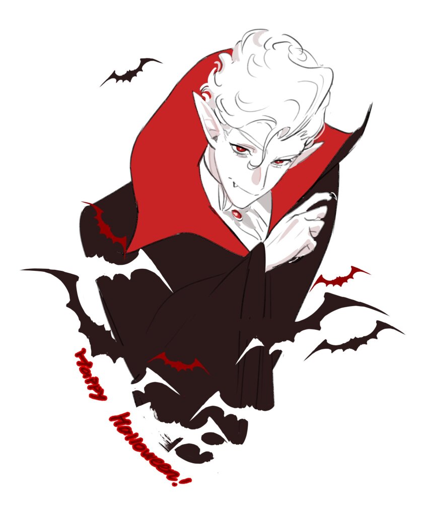 1boy arm_up astarion baldur&#039;s_gate baldur&#039;s_gate_3 bat_(animal) cape commentary dungeons_&amp;_dragons english_commentary fang fingernails gem hair_between_eyes halloween highres keapriciti long_pointy_ears looking_at_viewer male_focus mystical_high_collar pointy_ears red_gemstone sharp_fingernails shirt short_hair simple_background solo two-tone_cape vampire wavy_hair white_background white_hair white_shirt