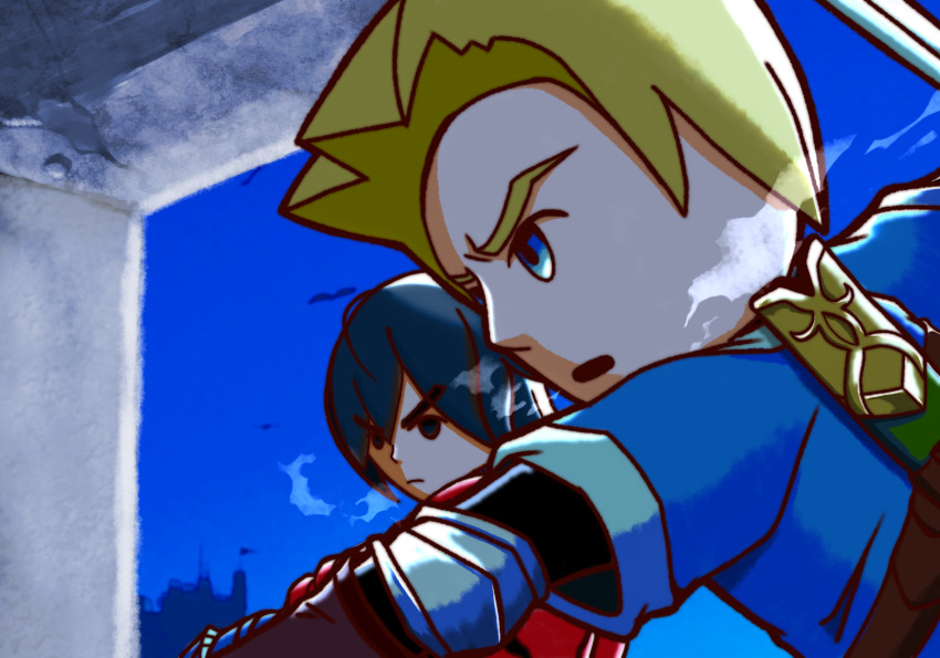 2boys armor black_eyes black_hair blonde_hair blue_eyes blue_hair heavy_breathing highres holding holding_sword holding_weapon link mii_brawler mii_brawler_(smash_ultimate) mii_swordfighter mii_swordfighter_(smash_ultimate) multiple_boys nintendo open_mouth outdoors serious short_hair steam super_smash_bros. sword weapon yuufuan_&amp;_buran
