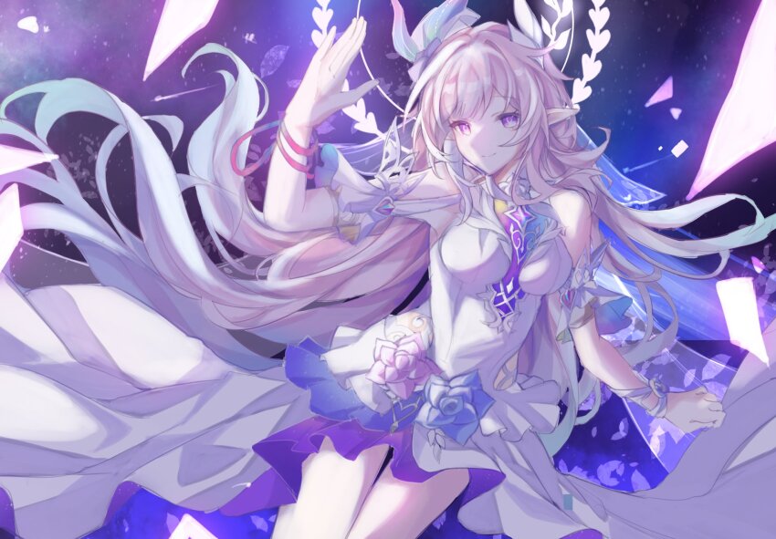 1girl breasts bridal_veil commentary crystal_shards cyrene_(honkai:_star_rail) cyrene_(ripples_of_past_reverie)_(honkai:_star_rail) diamond-shaped_pupils diamond_(shape) dress halo highres honkai:_star_rail honkai_(series) large_breasts long_hair pink_hair pointy_ears purple_eyes sherii_dx sky smile solo star_(sky) starry_sky symbol-only_commentary symbol-shaped_pupils teeth thighs veil very_long_hair white_dress