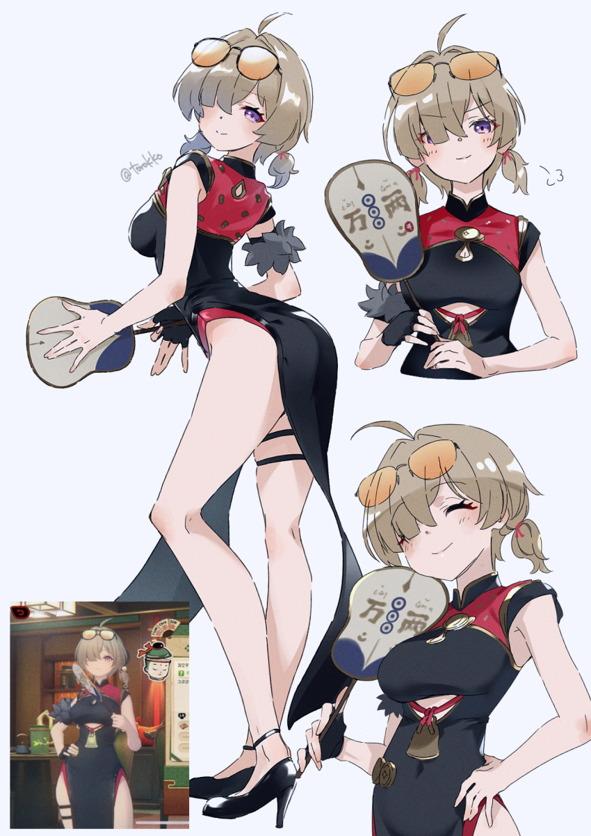 1girl ass blonde_hair character_request closed_eyes eyewear_on_head game_screenshot_inset highres orange-tinted_eyewear purple_eyes simple_background smile solo sweety_(zenless_zone_zero) tinted_eyewear torokko twitter_username white_background zenless_zone_zero
