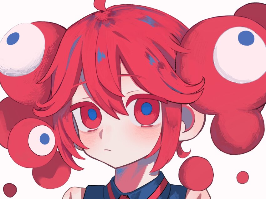 1girl ahoge black_shirt blue_pupils double-parted_bangs expo2025 expressionless hair_between_eyes highres kamiyado_(art00_zz) kasane_teto kasane_teto_(utau) looking_at_viewer myaku-myaku portrait red_eyes red_hair shirt simple_background solo utau white_background