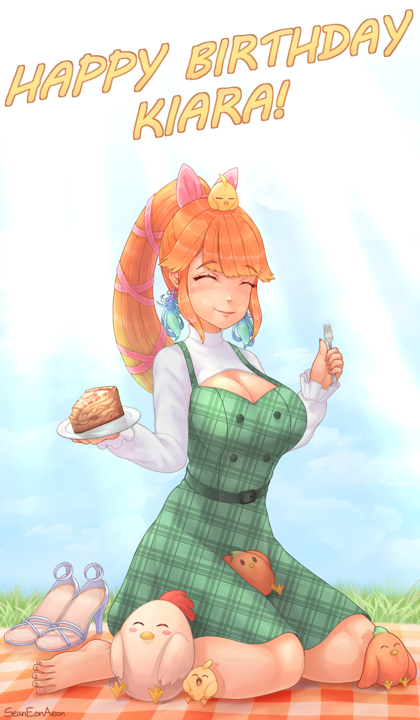 1girl absurdres animal animal_on_head artist_name baby_animal barefoot bird bird_on_head blue_sky blush bow breasts cake cake_slice chick chicken cleavage closed_mouth day eating eon_sean eyelashes feet food fork full_body grass hair_bow happy_birthday high_ponytail highres holding holding_fork holding_plate hololive hololive_english large_breasts long_hair on_ground on_head orange_hair outdoors pink_bow plate ponytail sandals sidelocks sitting sky smile strappy_heels takanashi_kiara toenails toes unworn_sandals wariza white_sandals