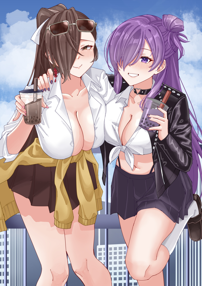 2girls absurdres breasts brown_hair bubble_tea commission dress female_shez_(fire_emblem) fire_emblem fire_emblem:_three_houses fire_emblem_fates fire_emblem_warriors:_three_hopes hair_ornament hair_over_one_eye highres kagero_(fire_emblem) large_breasts multiple_girls nintendo official_alternate_costume ponytail purple_dress purple_eyes rynn_(darknescorez) x_hair_ornament