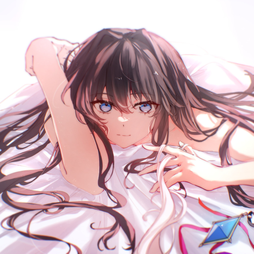 2girls arcaea bad_anatomy bad_hands bed_sheet black_hair blue_eyes chinese_commentary closed_mouth commentary_request hair_between_eyes hair_intakes hair_spread_out highres long_hair looking_at_viewer lying multiple_girls muonrei00 nude on_stomach out_of_frame playing_with_another&#039;s_hair smile solo_focus tairitsu_(arcaea) white_background