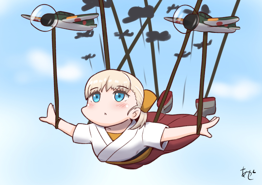 1girl aircraft airplane akashieru blonde_hair blue_eyes blue_sky cloud commentary_request dougi hair_ornament hakama japanese_clothes kantai_collection long_hair one-hour_drawing_challenge outstretched_arms red_hakama shin&#039;you_(kancolle) side_ponytail sky solo spread_eagle_position