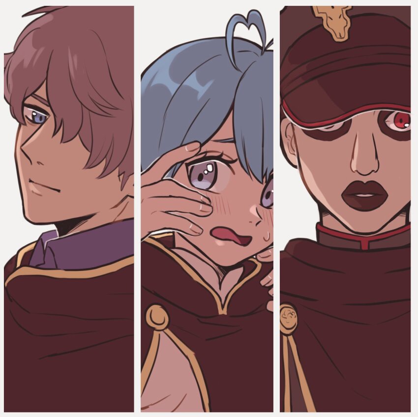 1girl 2boys black_bulls_(emblem) black_capelet black_clover black_eyeshadow black_lips blue_eyes blue_hair blush brown_hair capelet collared_shirt eyeshadow gauche_adlai gordon_agrippa grey_(black_clover) grey_eyes hair_over_one_eye hat highres looking_at_viewer makeup military_hat multiple_boys nasaya_(sayayu) open_mouth purple_shirt red_eyes shirt split white_background
