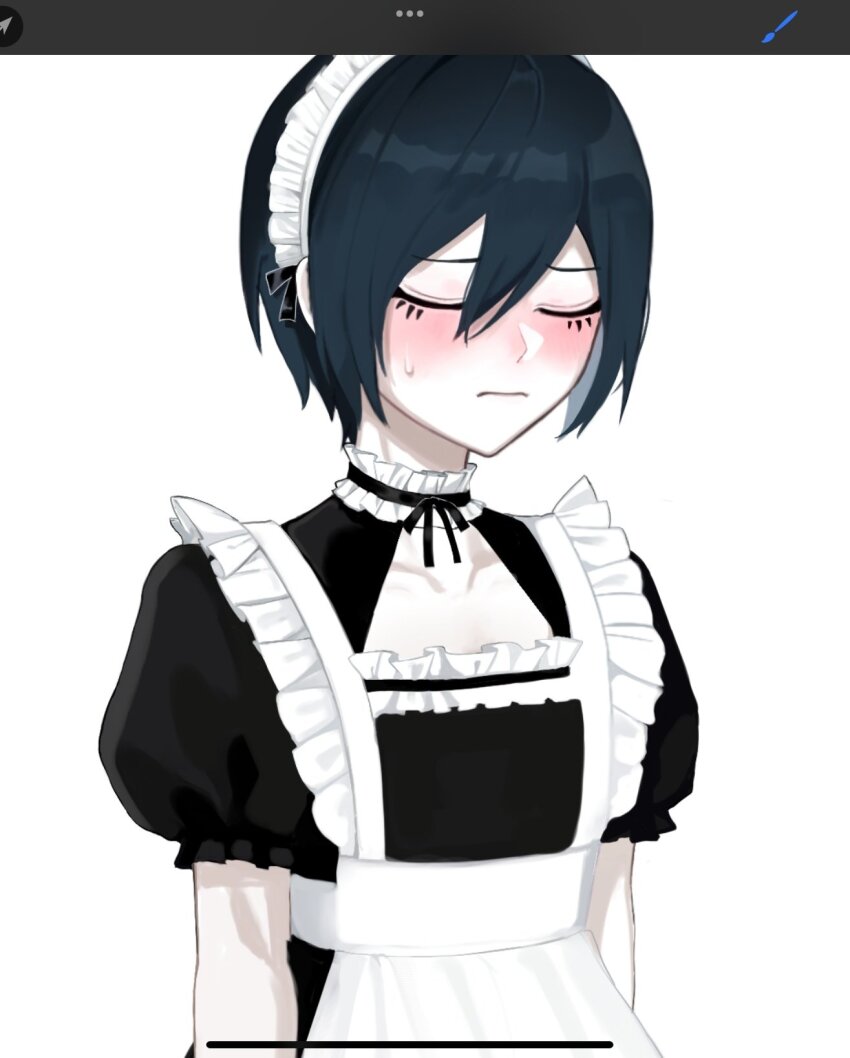 1boy alternate_costume apron bad_id bad_twitter_id black_dress black_hair closed_eyes danganronpa_(series) danganronpa_v3:_killing_harmony dress enmaided facing_viewer highres maid maid_apron maid_headdress nuns197 puffy_short_sleeves puffy_sleeves saihara_shuichi short_hair short_sleeves simple_background solo sweatdrop upper_body white_apron white_background