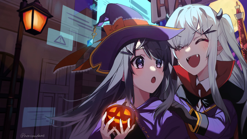 2girls :o ^_^ allial_(coefont) alternate_costume behind_another black_cape black_gloves black_hair blush building cape cloak closed_eyes coefont colored_tips commentary_request error_message fake_horns fangs food gloves hair_ornament hairclip halloween halloween_costume hand_on_another&#039;s_shoulder hat highres holding holding_food holding_pumpkin holding_vegetable horns jacket lamppost long_hair long_sleeves looking_back millial_(coefont) multicolored_hair multiple_girls omochi_hori one_side_up outdoors pumpkin purple_cloak purple_eyes purple_jacket siblings sidelocks sisters swept_bangs tower twitter_username v-shaped_eyebrows vampire_costume vegetable white_hair window_(computing) witch witch_hat