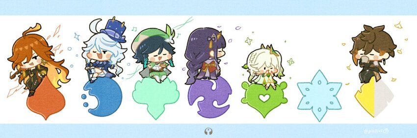 2boys 4girls anemo_symbol_(genshin_impact) chibi cryo_symbol_(genshin_impact) cup dendro_symbol_(genshin_impact) drinking_tea electro_symbol_(genshin_impact) furina_(genshin_impact) genshin_impact geo_symbol_(genshin_impact) gils3105 hydro_symbol_(genshin_impact) mavuika_(genshin_impact) multiple_boys multiple_girls nahida_(genshin_impact) pyro_symbol_(genshin_impact) raiden_shogun teacup twitter venti_(genshin_impact) white_background zhongli_(genshin_impact)