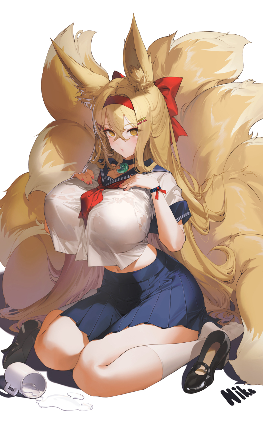 1girl absurdres animal_ears blonde_hair breasts choker collarbone fox_ears fox_girl fox_tail highres hirume_of_heavenly_incense huge_breasts kitsune kyuubi last_origin long_hair looking_at_viewer multiple_tails navel nike_(nike1060) official_alternate_costume school_uniform shoes soles solo tail unworn_shoes very_long_hair
