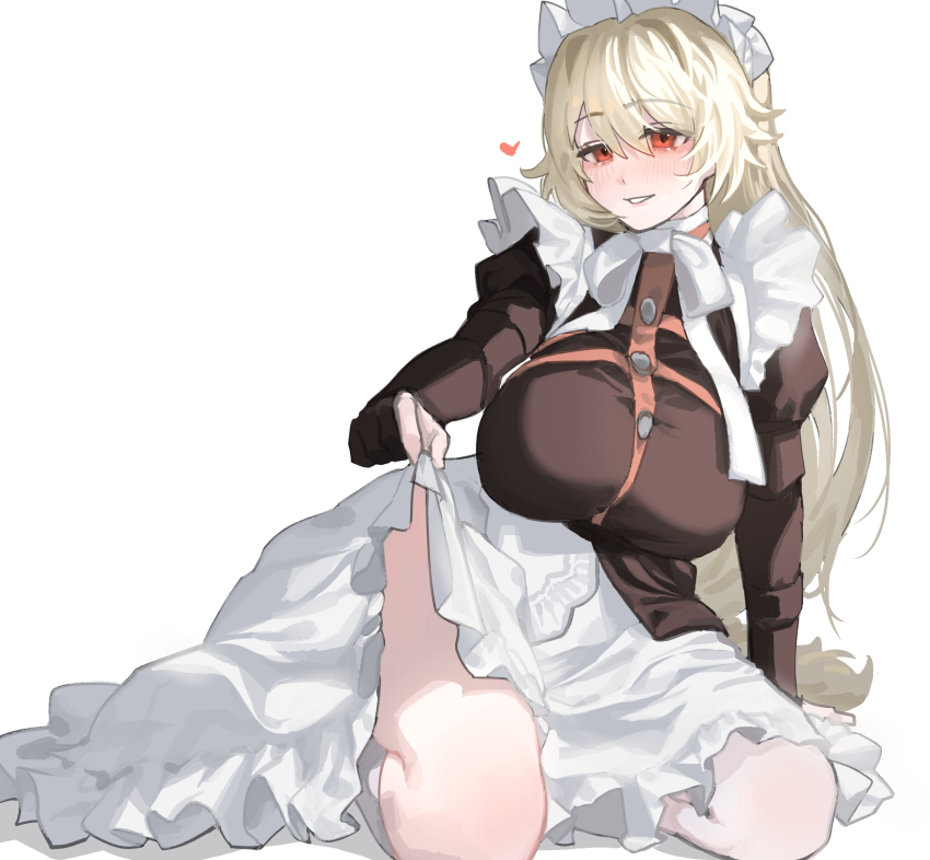 1girl absurdres alexandrina_sebastiane breasts commentary_request dress freeman_(tkuh4475) gloves grey_hair hair_between_eyes highres large_breasts long_hair looking_at_viewer maid maid_headdress red_eyes simple_background smile white_background zenless_zone_zero