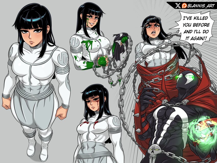 1boy 1girl absurdres alternate_costume black_bodysuit black_eyes black_hair blannis blood blood_on_face blunt_bangs bodysuit breasts cape chain covered_abs fire genderswap genderswap_(mtf) green_blood green_fire highres implied_murder invincible_(series) mark_grayson medium_hair multicolored_bodysuit multiple_views muscular red_cape spandex spawn_(comic) spawn_(spawn) superhero_costume veins viltrumite_invincible white_bodysuit