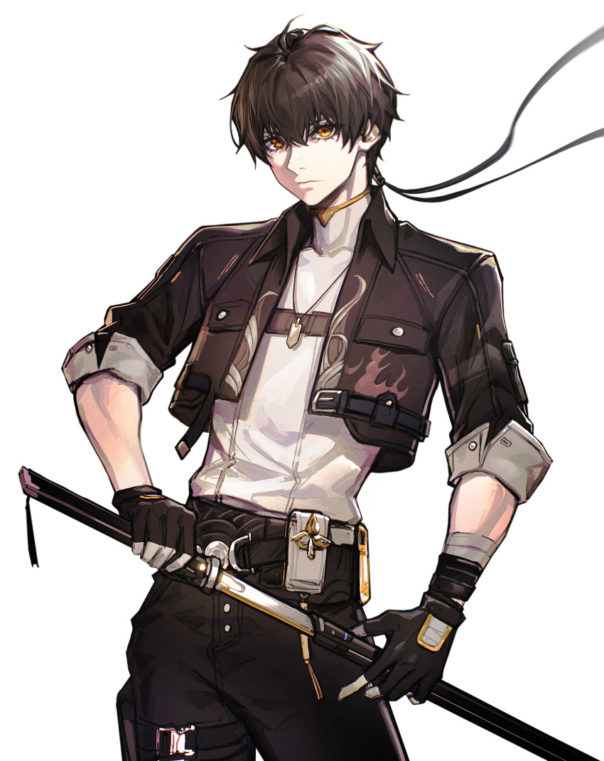 1boy absurdres bandaged_arm bandaged_hand bandages black_gloves black_hair black_jacket black_pants closed_mouth commentary cowboy_shot deka_yo dog_tags drawing_sword english_commentary gloves grey_shirt highres holding holding_sword holding_weapon jacket long_hair looking_at_viewer low-tied_long_hair low_ponytail male_focus male_rover_(wuthering_waves) open_clothes open_jacket pants ponytail pouch rover_(wuthering_waves) scabbard sheath shirt simple_background sleeves_rolled_up solo standing sword thigh_pouch turtleneck turtleneck_shirt unsheathing weapon white_background wuthering_waves yellow_eyes