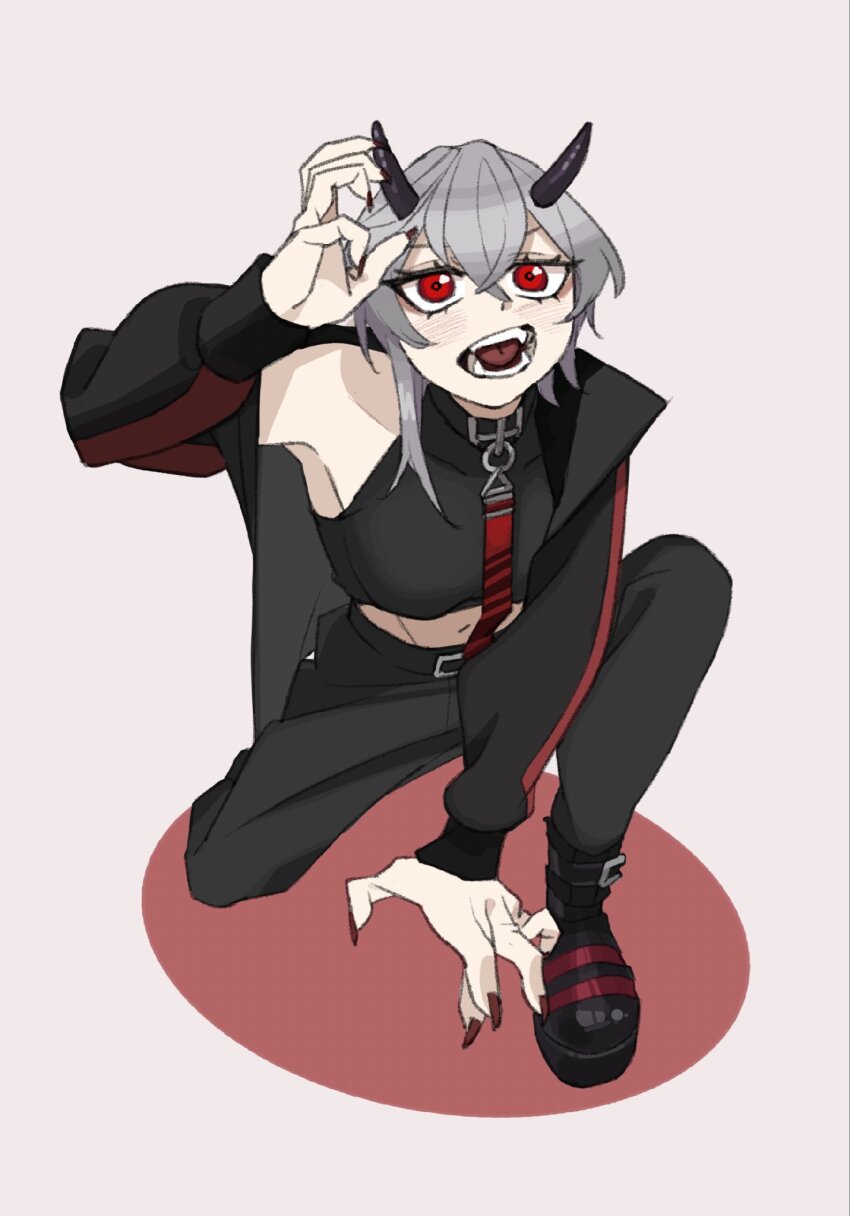 belt billyonthestraw black_jacket black_pants blush fangs highres horns imp indie_virtual_youtuber jacket pants red_eyes red_nails rinkya simple_background virtual_youtuber