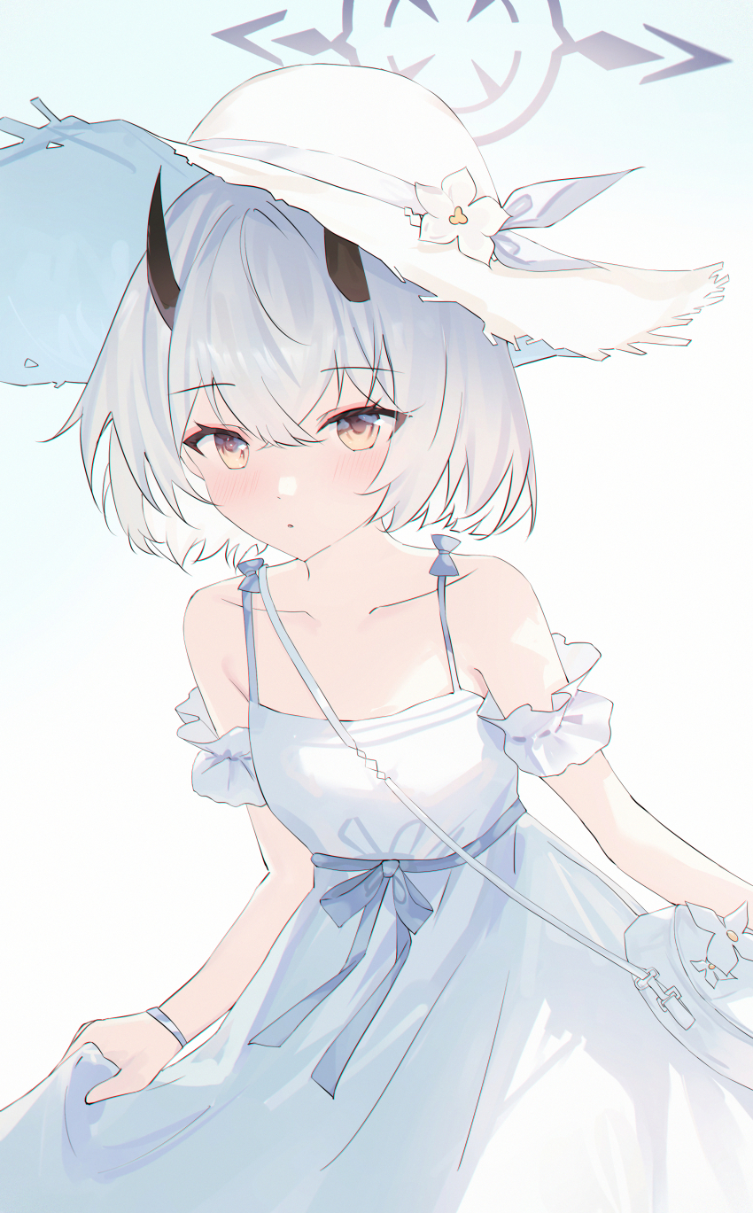1girl absurdres armband bag bare_shoulders black_horns blue_archive collarbone demon_horns dress flower_hat frilled_armband frills grey_halo halo hat highres horns looking_at_viewer official_alternate_costume official_alternate_hairstyle sena_(blue_archive) sena_(casual)_(blue_archive) short_hair shoulder_bag solo sun_hat sundress usagi_(786113654) white_armband white_dress white_hair yellow_eyes