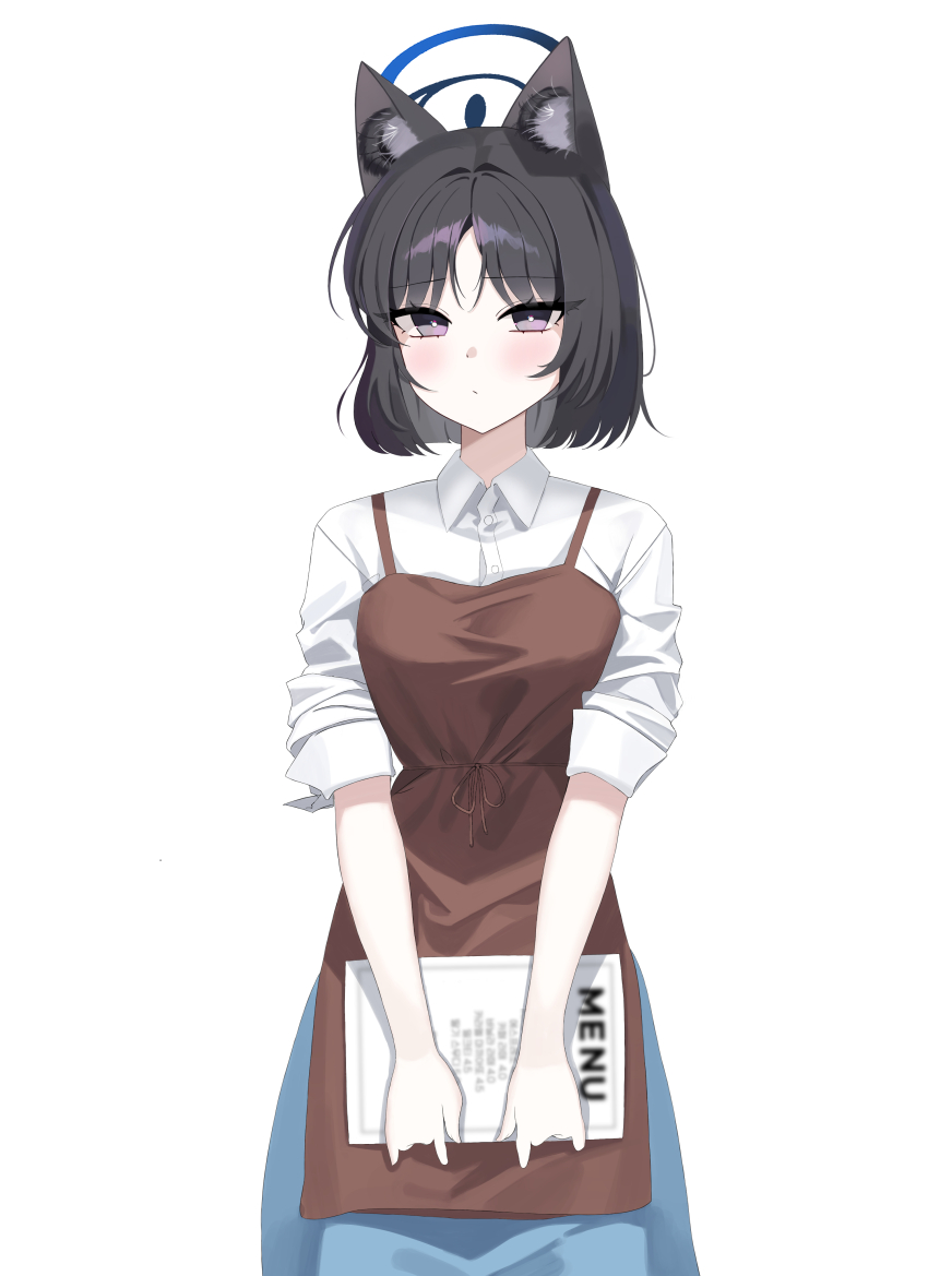 1girl absurdres alternate_costume animal_ear_fluff animal_ears apron black_hair blue_archive blue_halo blue_skirt blush bright_pupils brown_apron cat_ears cat_girl closed_mouth collared_shirt commentary cowboy_shot eyelashes eyes_visible_through_hair grey_eyes hair_between_eyes halo highres holding holding_menu kikyou_(blue_archive) light_frown long_hair looking_at_viewer menu raki_kr shirt short_hair simple_background skirt sleeves_rolled_up solo straight_hair tsurime v_arms waitress white_background white_pupils white_shirt