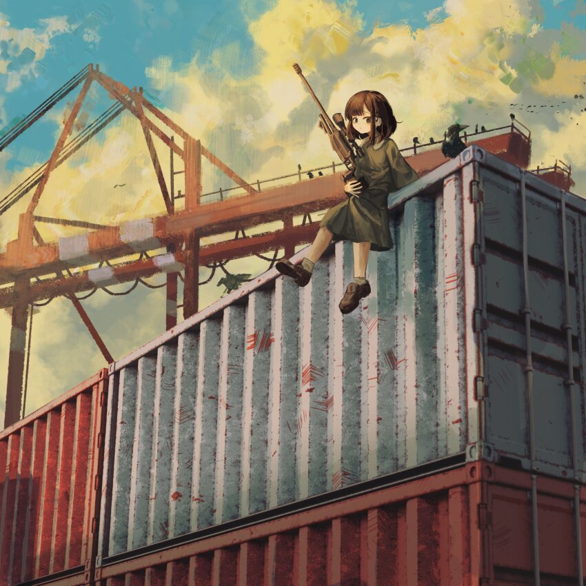 1girl bird blaser_r93 bolt_action brown_hair brown_shoes cloud cloudy_sky crane_(machine) crow cumulonimbus_cloud dress eliot_(eokaitekaite969) gun highres holding holding_gun holding_weapon medium_dress medium_hair original outdoors rifle scope shipping_container shoes sitting sky sniper_rifle solo weapon wide_shot