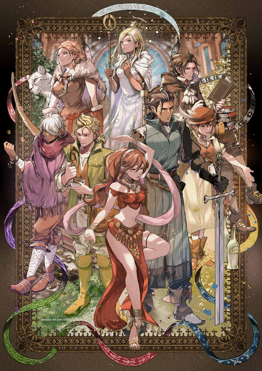 4boys 4girls ahoge alfyn_greengrass anklet arm_up ascot bag bandaged_arm bandaged_leg bandages belt between_breasts black_gloves black_hair blonde_hair blue_brooch blue_eyes blurry blurry_background book book_stack boots bottle bow_(weapon) bowl bracelet braid breasts brooch brown_bag brown_belt brown_cloak brown_dress brown_eyes brown_footwear brown_gloves brown_hair brown_hat brown_pants brown_vest buckle cape cloak closed_mouth coin covered_navel crop_top crossed_legs crown cuffs cyrus_albright dancer dancing dark-skinned_male dark_skin dress earrings elbow_gloves english_text feather_earrings feathers floating_crown full_body fur-trimmed_gloves fur_cape fur_trim gloves gold_anklet gold_bracelet gold_footwear gold_necklace gold_trim green_eyes green_jacket green_tunic h&#039;aanit_(octopath_traveler) hair_behind_ear hair_between_eyes hair_over_one_eye hair_slicked_back hairband hands_up hat hat_feather highres holding holding_book holding_bowl holding_staff holding_sword holding_weapon jacket jewelry knee_boots large_breasts long_hair long_sleeves looking_ahead looking_up medium_breasts midriff mixed-language_commentary mole mole_under_mouth mortar_(bowl) multiple_boys multiple_girls navel necklace octopath_traveler octopath_traveler_i off_shoulder olberic_eisenberg open_book open_mouth ophilia_clement outstretched_arm pants parted_bangs parted_lips pestle pink_hairband planted planted_sword planted_weapon ponytail primrose_azelhart puffy_short_sleeves puffy_sleeves purple_shawl red_scarf red_shirt red_skirt sandals scarf serious shackles shawl sheath shirt shoes short_hair short_sleeves shoulder_bag side_slit sitting skirt sleeveless sleeveless_dress smile snow_leopard staff standing standing_on_one_leg strap_between_breasts sword therion_(octopath_traveler) thigh_strap tiptoes toes tressa_colzione tunic vest weapon white_ascot white_cape white_dress white_hair white_pants white_shirt yellow_dress yellow_eyes yuu_(arcadia)