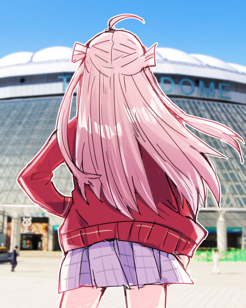1girl ahoge blurry blurry_background commentary_request cowboy_shot facing_away from_behind hand_on_own_hip highres ijigen_fes_idolmaster_love_live!_utagassen jacket kanduki_kamibukuro long_hair love_live! love_live!_nijigasaki_high_school_idol_club miniskirt nijigasaki_school_uniform photo_background pink_hair plaid_clothes plaid_skirt pleated_skirt red_jacket school_uniform skirt solo tokyo_dome two_side_up white_skirt winter_uniform zhong_lanzhu