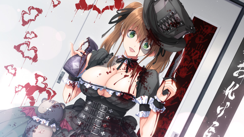 1girl akikawa_suika black_dress blood bloody_handprints bloody_knife bottle breasts brown_hair classroom cleavage dress fake_blood game_cg girls_frantic_clan green_eyes hair_ribbon handprint hat haunted_house_(attraction) highres holding holding_knife indoors knife large_breasts long_hair looking_at_viewer non-web_source official_art patchwork_skin ribbon school_festival solo spray_bottle stitched_face stitches stuffed_animal stuffed_toy tongue tongue_out top_hat twintails yaegashi_nan zombie_costume