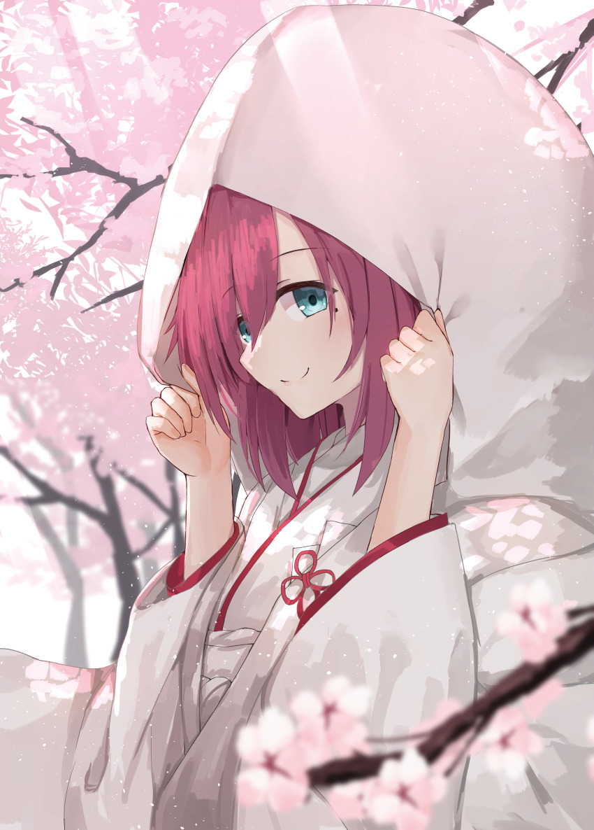 1girl absurdres aqua_eyes branch cherry_blossoms hair_between_eyes hands_up highres holding_hoodie hood japanese_clothes kimono long_hair looking_at_viewer maniwa_roka mole mole_under_eye nodoameyatou red_hair senren_banka smile solo uchikake white_kimono yuzu-soft