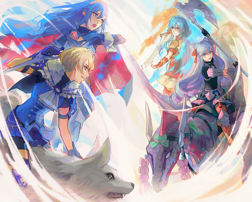 1boy 3girls :d anocurry armor axe black_shirt blonde_hair blue_eyes blue_gloves blue_hair blue_vest bow capelet commentary cone_hair_bun dagger dragon eirika_(emblem)_(fire_emblem) eirika_(fire_emblem) fire_emblem fire_emblem:_the_sacred_stones fire_emblem_awakening fire_emblem_engage gloves hair_bow hair_bun highres holding holding_axe holding_dagger holding_knife holding_weapon knife long_hair lucina_(fire_emblem) merrin_(fire_emblem) multiple_girls nintendo open_mouth pauldrons red_bow red_shirt reverse_grip riding rosado_(fire_emblem) shirt short_hair short_sleeves shoulder_armor sieglinde_(sword) smile trap very_long_hair vest weapon wolf