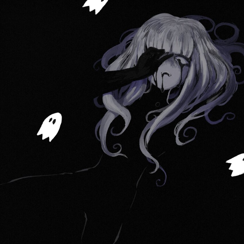 1boy black_background black_bodysuit black_liquid blunt_bangs bodysuit covering_eye curly_hair demi_(dizzyspells) dizzyspells dripping feminine ghost hand_over_eye liquid_from_eyes liquid_from_mouth long_hair looking_down male_focus open_mouth original sidelocks solo trap upper_body