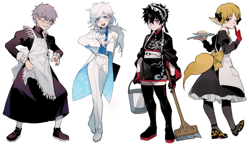 4boys :d alternate_costume animal_ears apron back_bow black_bow black_dress black_gloves black_hair black_pants blonde_hair blue_eyes bokyo boots bow broom bucket closed_mouth crossdressing crossdressing_(mtf) dress enmaided finger_to_mouth food frilled_apron frills full_body gloves grey_hair hair_between_eyes hair_bow hand_up highres holding holding_broom holding_plate holding_tray iwakiyamayukisatoshironanogojuurokushi_akira jacket juliet_sleeves kemono_jihen kusaka_kabane long_hair long_sleeves looking_at_viewer low_ponytail maid maid_apron maid_headdress male_focus mop multiple_boys nowaki_homuramaru one_eye_closed open_mouth pants pantyhose plate pointy_ears ponytail puffy_sleeves purple_hair red_eyes red_gloves sash shirt shoes short_hair simple_background sleeve_cuffs smile standing tademaru_shiki tail thighhighs tray waist_apron white_apron white_background white_gloves white_hair white_jacket white_pants yellow_bow yellow_eyes