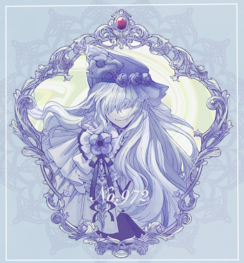 1boy abstract_background anemone_(flower) blue_flower blue_ribbon border closed_mouth corsage facing_viewer flower frilled_shirt frilled_shirt_collar frills grey_border grey_hat grey_theme hair_over_eyes hat hat_flower highres houndstone lollypopcandy8050 long_hair male_focus nintendo personification picture_frame pokedex_number pokemon ribbon shirt skull-shaped_hat smile solo upper_body veil vest wavy_hair white_shirt white_vest yellow_background