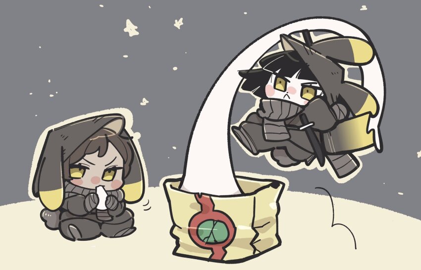 2girls :&lt; animal_ears bandaged_arm bandages black_hair bob_cut brown_hair chibi conical_hat dark-skinned_female dark_skin enkephalin_(project_moon) full_body grey_background grey_scarf hat heishou_pack-mao_branch_(identity)_(project_moon) highres kine kojocho05 limbus_company looking_at_viewer mallet multiple_girls outis_(project_moon) project_moon rabbit_ears rabbit_girl rabbit_tail rice_hat ryoshu_(project_moon) scarf short_hair simple_background tail yellow_eyes
