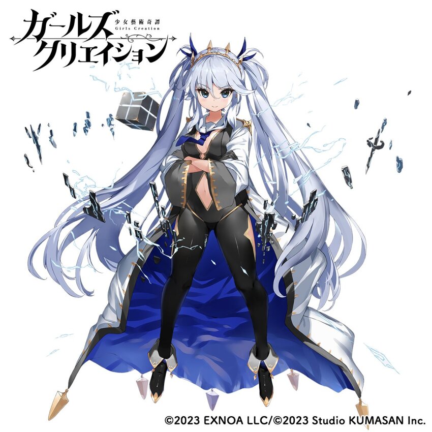 1girl black_bodysuit blue_eyes blue_necktie bodystocking bodysuit breasts breasts_apart closed_mouth clothing_cutout crossed_arms cube full_body girls_creation grey_hair highres jacket light_blush light_smile long_hair long_sleeves looking_at_viewer magical_girl medium_breasts nauribon navel navel_cutout necktie official_art open_clothes open_jacket plunging_neckline simple_background solo tiara tsurime twintails two-sided_fabric very_long_hair white_background wide_sleeves