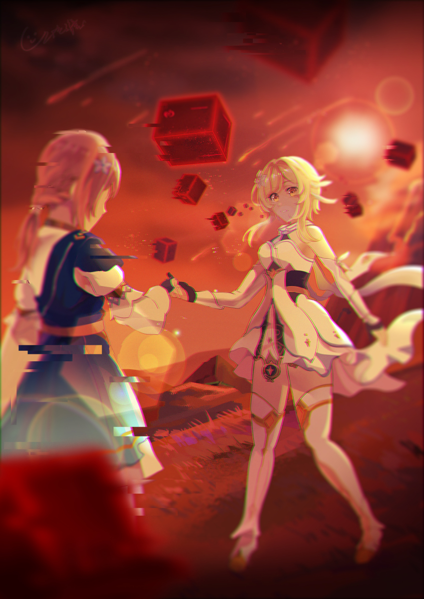 2girls absurdres black_gloves blonde_hair breasts brown_hair direidyth_(genshin_impact) dress flower genshin_impact glitch gloves hair_flower hair_ornament highres holding_hands lens_flare long_hair long_sleeves lumine_(genshin_impact) medium_breasts multiple_girls outdoors qise_zhijing short_hair_with_long_locks sidelocks white_dress white_flower yellow_eyes