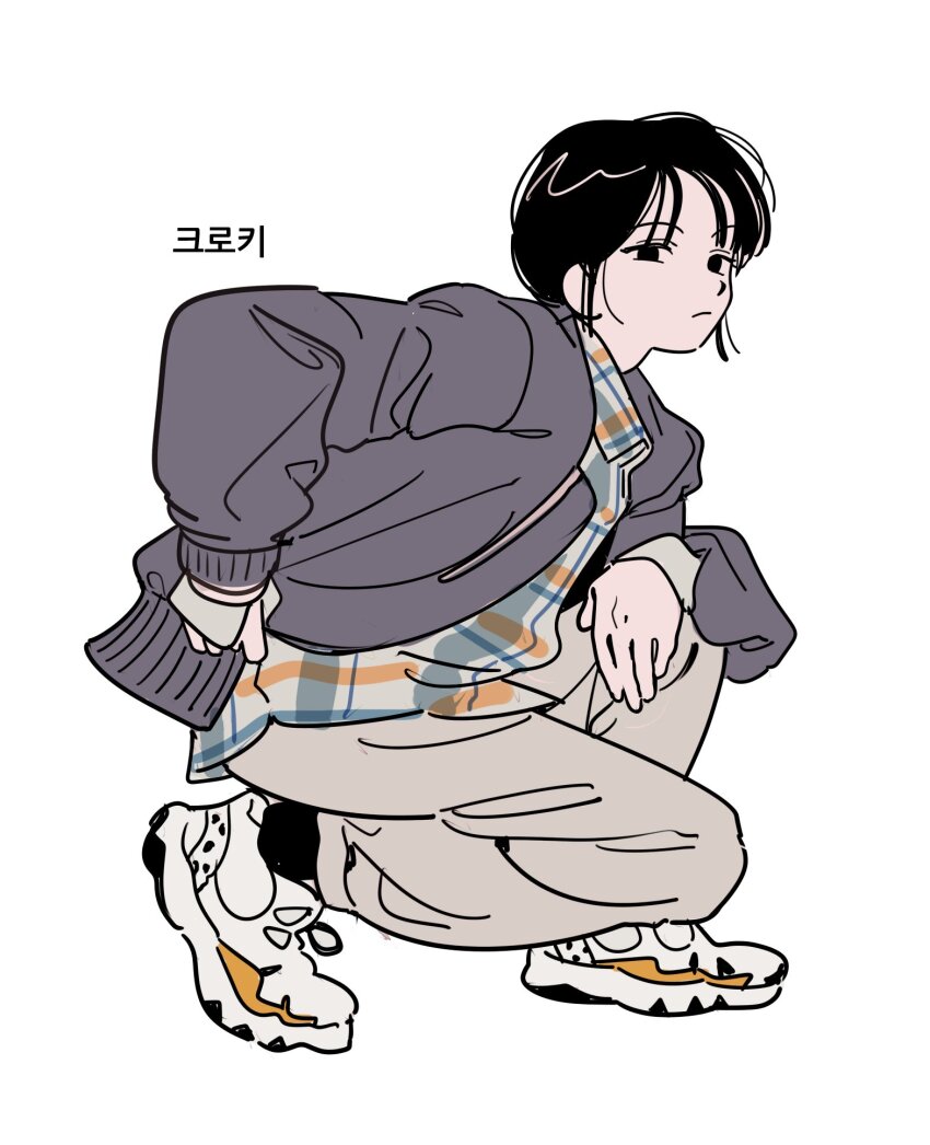 1girl black_eyes black_hair black_jacket black_socks blue_shirt dolman_(dm) empty_eyes frown full_body grey_pants hand_on_own_hip hand_on_own_thigh highres jacket layered_clothes looking_ahead multicolored_shirt no_sclera open_clothes open_jacket original oversized_jacket pants plaid_clothes plaid_shirt shirt shoes short_hair simple_background sneakers socks solo squatting white_background white_shoes wispy_bangs yellow_shirt