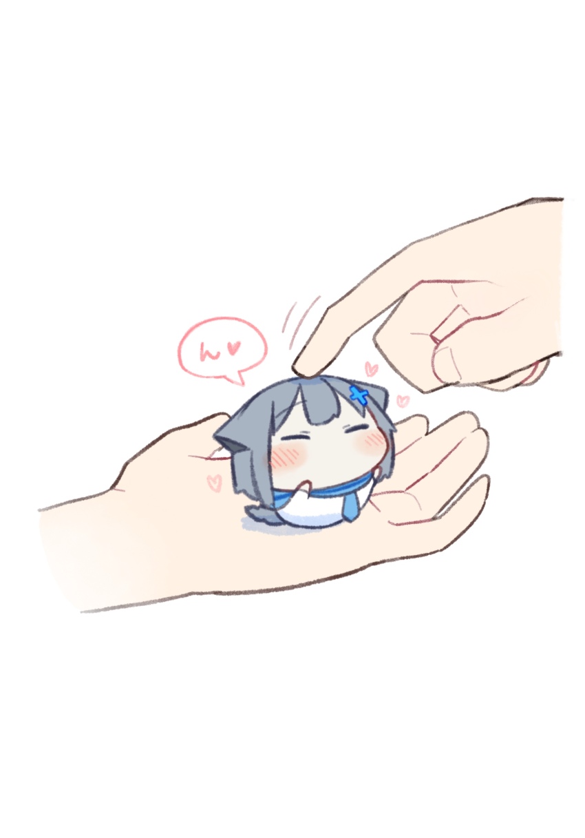 1girl 1other absurdres animal_ears blue_archive blue_scarf blush chibi closed_eyes closed_mouth commentary_request cross_hair_ornament grey_hair hair_ornament hand_on_another&#039;s_head headpat heart highres in_palm mini_person minigirl no_halo scarf shiroko_(blue_archive) simple_background sitting_on_hand smile tail translation_request urode white_background wolf_ears wolf_tail