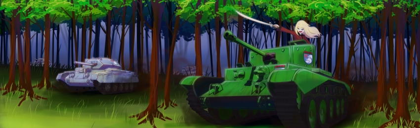 1girl artist_request blonde_hair blue_eyes cavalry_sword cromwell_(tank) crusader_(tank) earl_grey_(girls_und_panzer) floating_hair forest girls_und_panzer highres holding holding_sword holding_weapon jacket long_hair military_vehicle motor_vehicle nature red_jacket st._gloriana&#039;s_military_uniform sword tank weapon