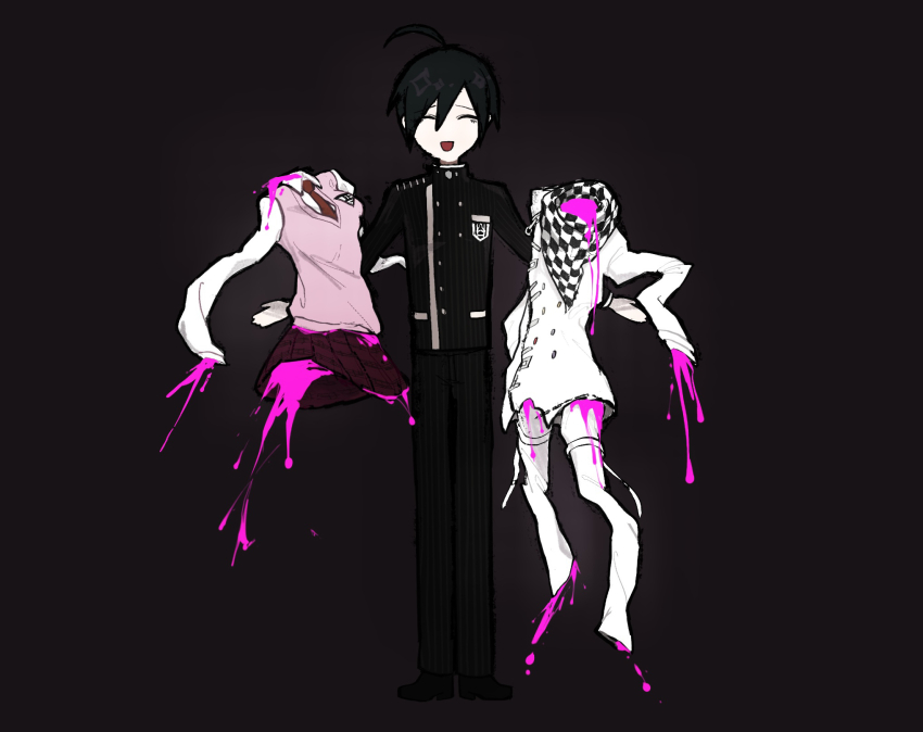 1boy ahoge akamatsu_kaede black_hair black_jacket blood blood_drip blood_splatter buttons checkered_clothes checkered_scarf collared_jacket commentary danganronpa_(series) danganronpa_v3:_killing_harmony hair_between_eyes happy highres holding holding_unworn_clothes horror_(theme) implied_death jacket kai700 long_sleeves male_focus oma_kokichi open_mouth pants pink_blood pink_sweater_vest pink_vest pinstripe_jacket pinstripe_pants pinstripe_pattern saihara_shuichi scarf short_hair simple_background skirt spoilers standing striped_clothes sweater_vest two-tone_scarf unworn_clothes vertical-striped_sleeves vest