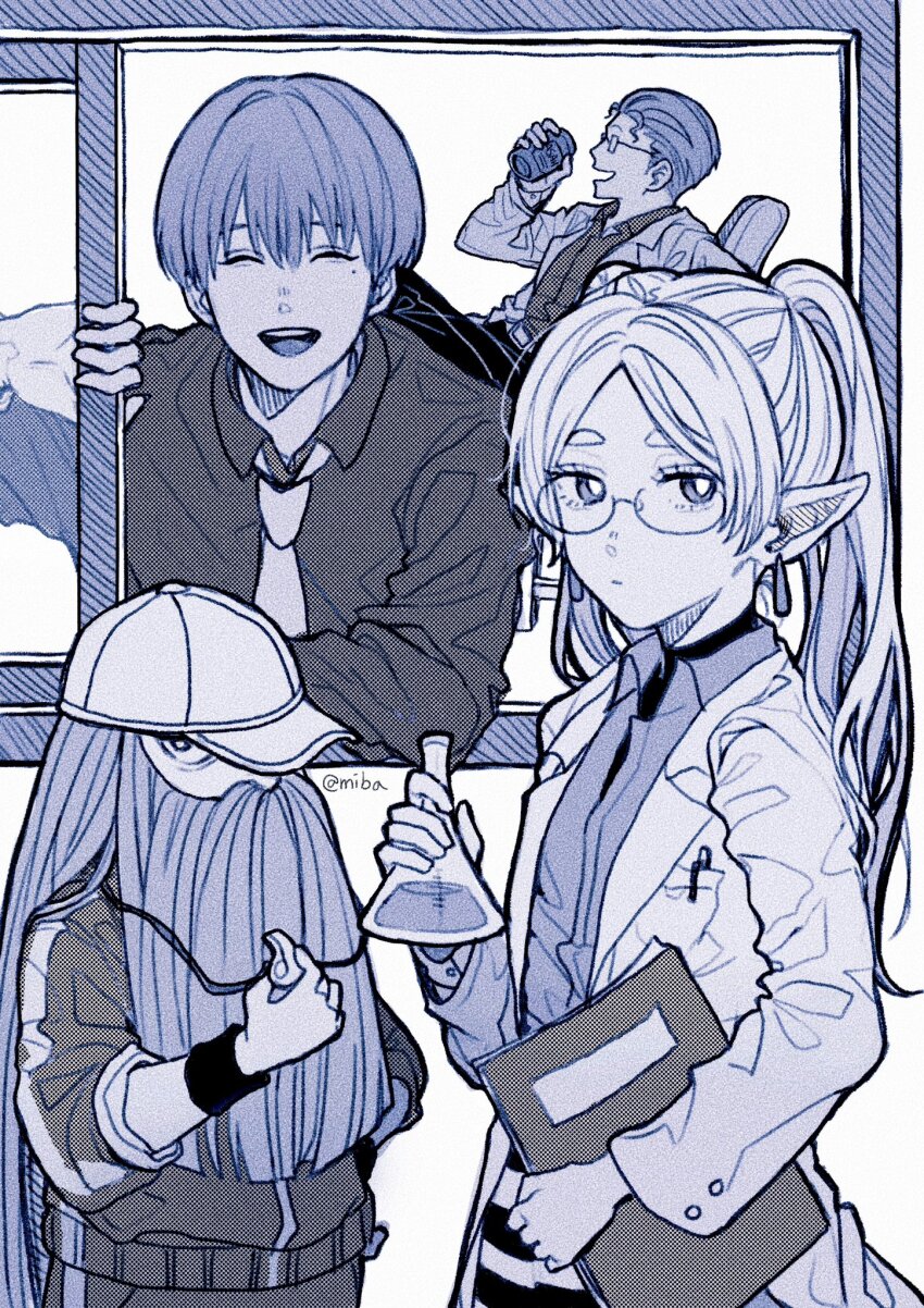1girl 3boys beard book closed_eyes collared_shirt contemporary earrings eisen_(sousou_no_frieren) facial_hair flask frieren glasses hat heiter highres himmel_(sousou_no_frieren) jewelry lab_coat long_beard long_sleeves looking_at_viewer miba monochrome multiple_boys necktie open_mouth pen pointy_ears shirt short_hair smile sousou_no_frieren track_suit whistle window