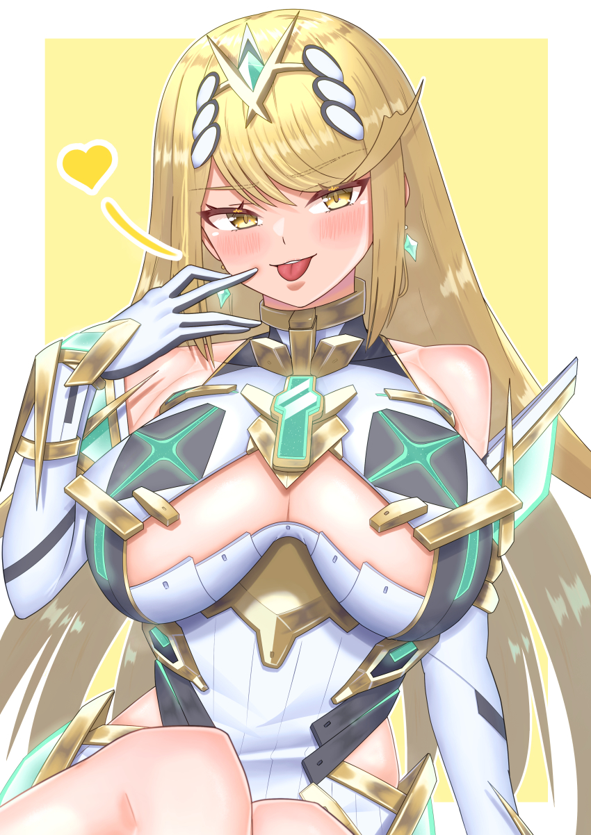 1girl absurdres blonde_hair blush border breasts chest_jewel cleavage core_crystal_(xenoblade) cowboy_shot dress earrings heart highres jewelry large_breasts long_hair meipasuye mythra_(xenoblade) simple_background sitting solo tiara tongue tongue_out very_long_hair white_border white_dress xenoblade_chronicles_(series) xenoblade_chronicles_2 yellow_background yellow_eyes