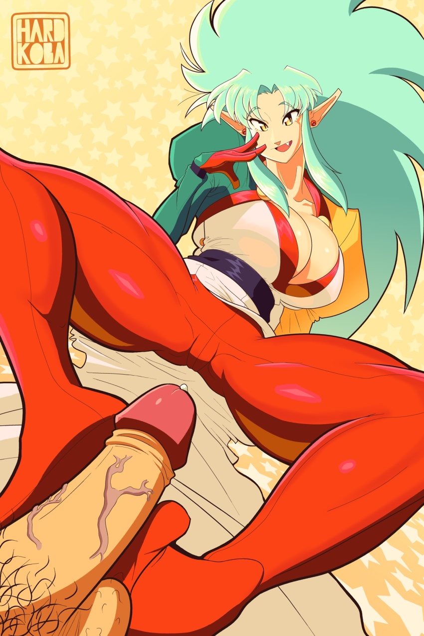 1girl breasts dress earrings footjob footjob_with_legwear gloves green_hair hair_intakes hardkoba highres jewelry large_breasts open_mouth penis puffy_sleeves raised_eyebrows red_gloves red_legwear ryouko_(tenchi_muyou!) sidelocks solo spiked_hair tenchi_muyou! thick_thighs thighs uncensored white_dress yellow_background yellow_eyes