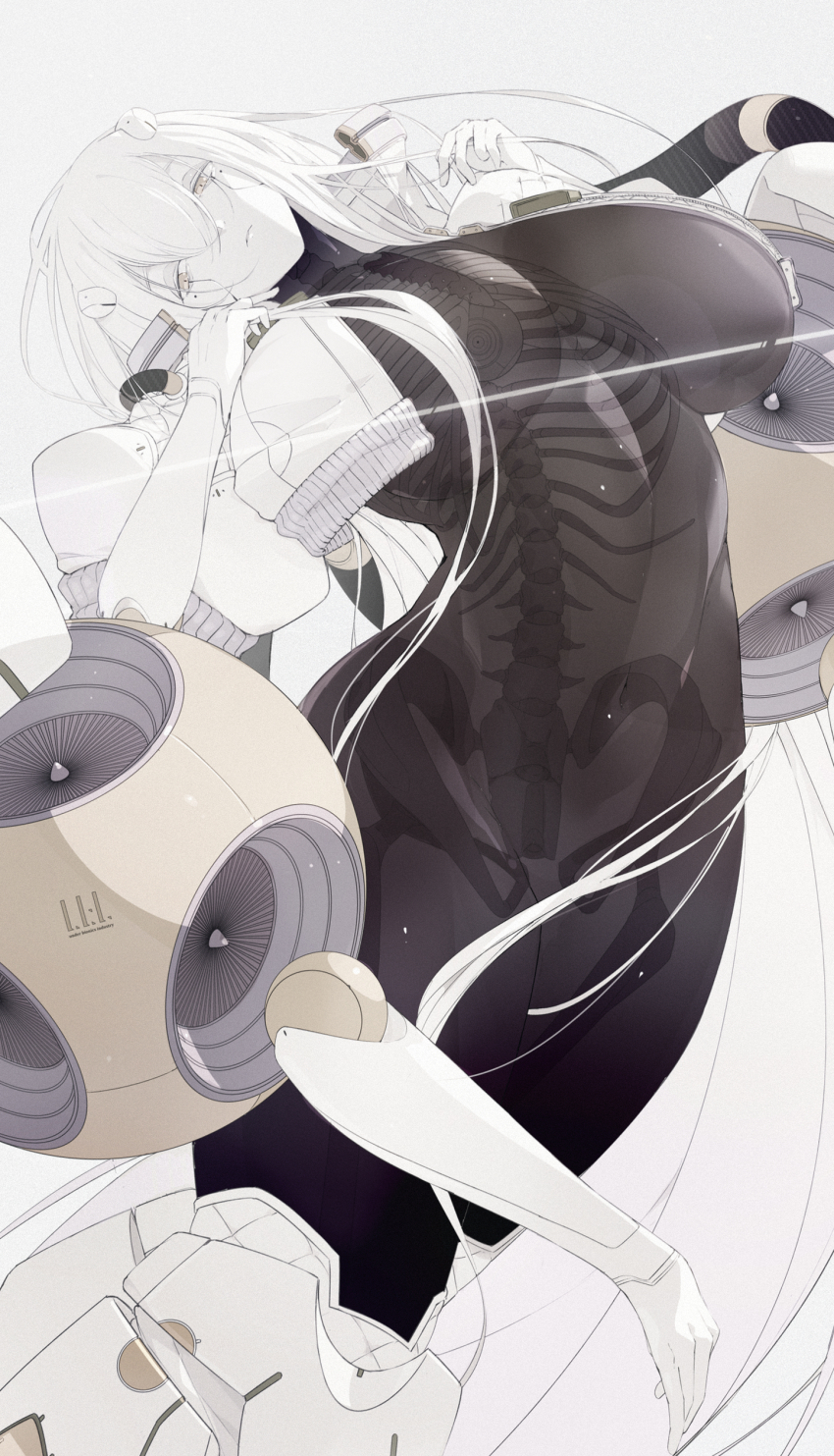 1girl absurdly_long_hair absurdres android breasts crown dark_skin extra_arms highres jacket large_breasts long_hair looking_at_viewer mechanical_arms mechanical_legs mole mole_under_eye original single_mechanical_arm skeleton turbine ub1mo very_long_hair white_background yellow_eyes